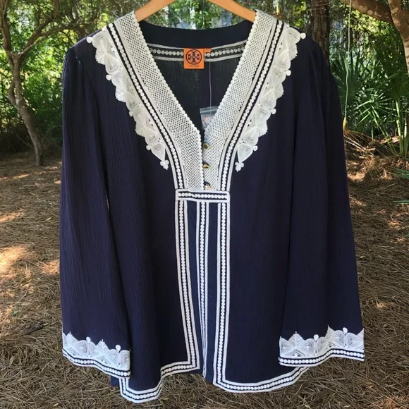 HP! TORY BURCH Aleksi navy and white embroidered tunic. Size 12. NWT! - Picture 3 of 16